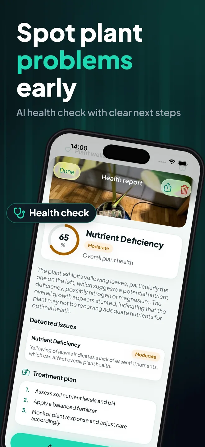 PlantoScan health check showing a plant health score, a detected nutrient deficiency and a treatment plan