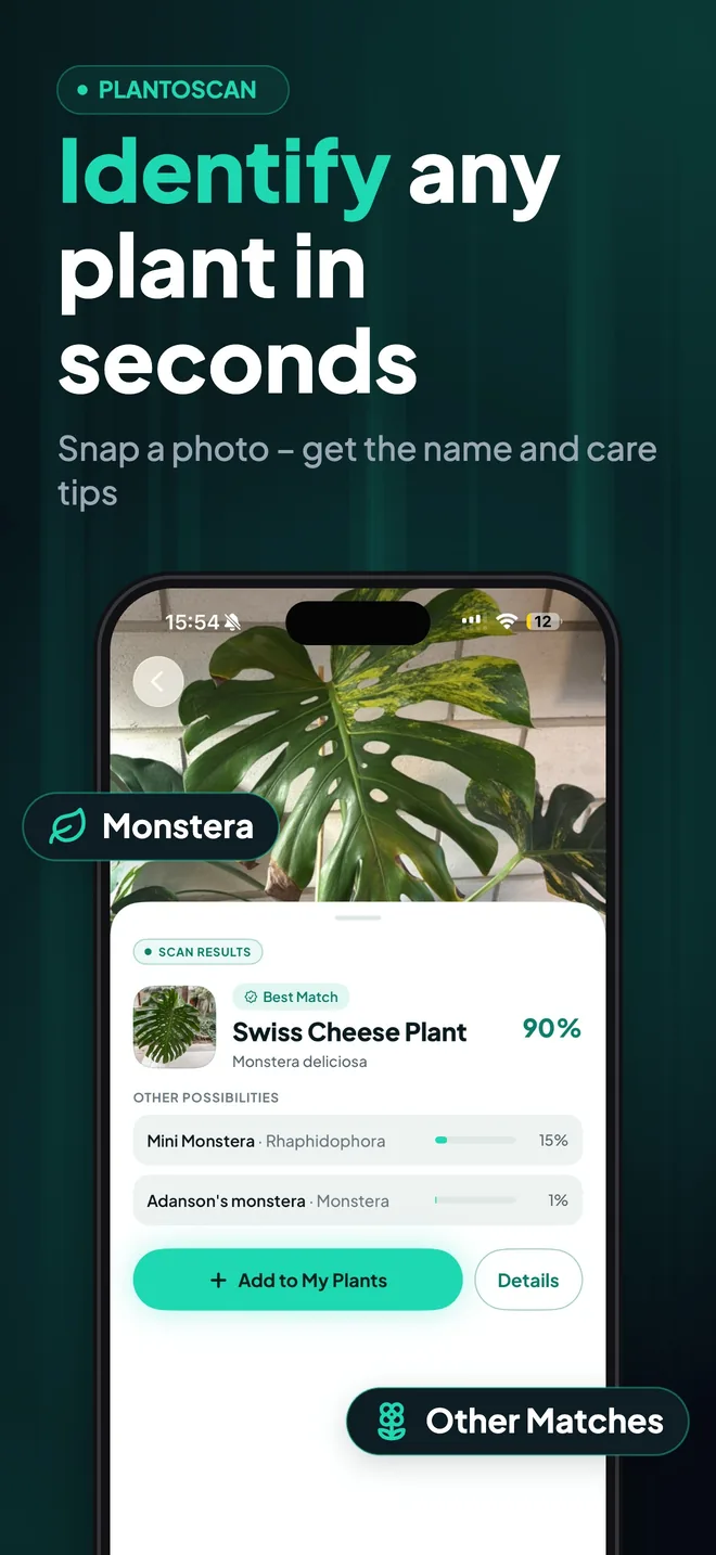 PlantoScan identifying a Monstera from a photo, with the best match, other possible species and an Add to My Plants button