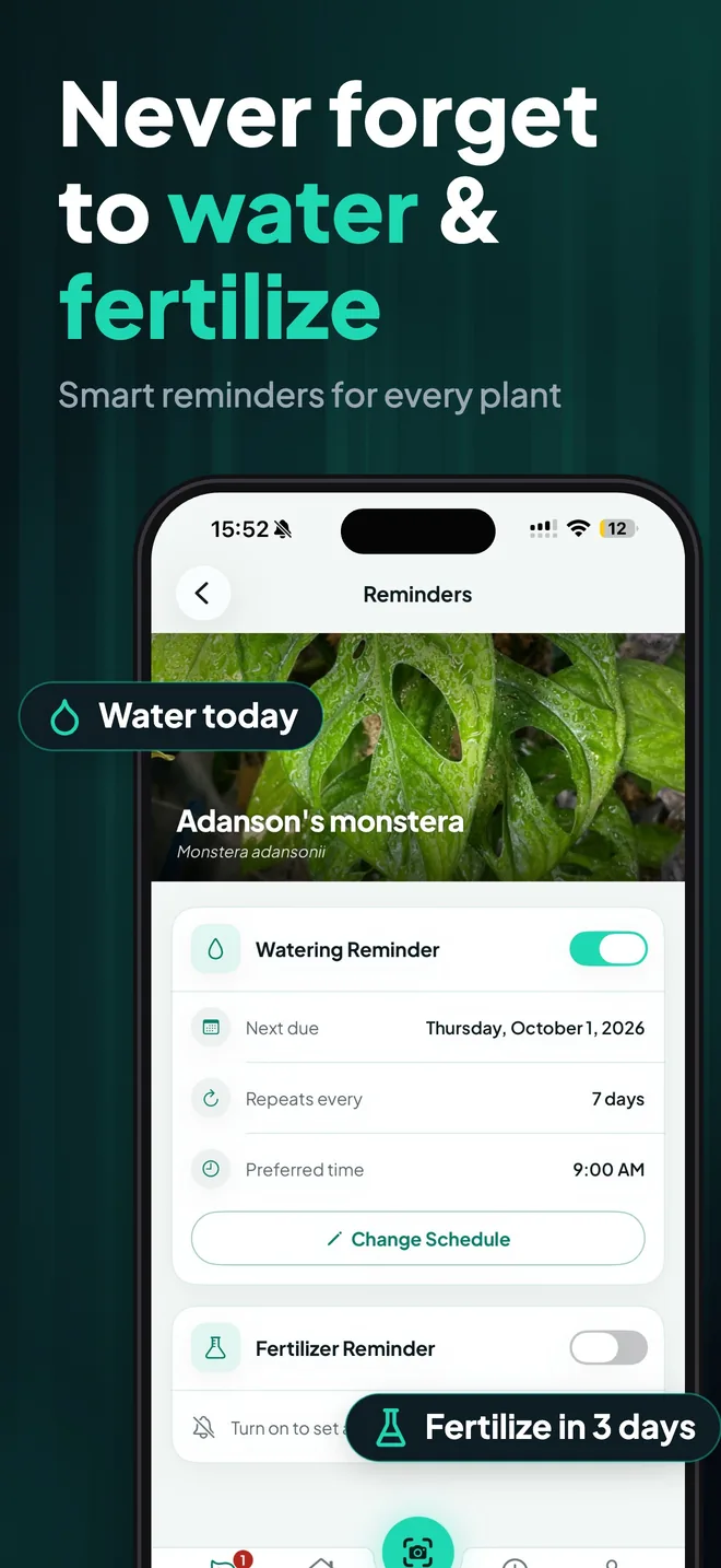 PlantoScan reminder settings with a watering reminder and a fertilizer reminder for a Monstera